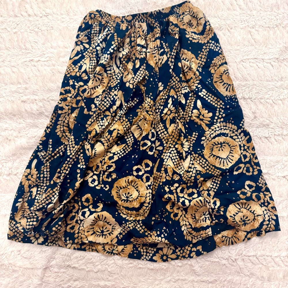 Blue Yellow-Gold Floral Boho Midi Skirt Elastic Waist Fits XS-S Hippie festival